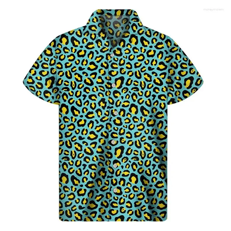 Koszulki męskie kolorowe lampart hawajski dla mężczyzn odzież 3D Print Aloha Beach Button Shirt Summer Short Sleeve Street Tops