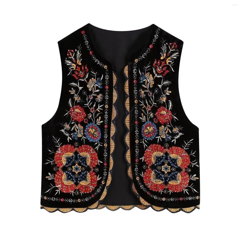 Gilet da donna Gilet con fiori ricamati vintage per donna Capispalla streetwear senza maniche con bordi in pizzo o collo cardigan aperto sul davanti