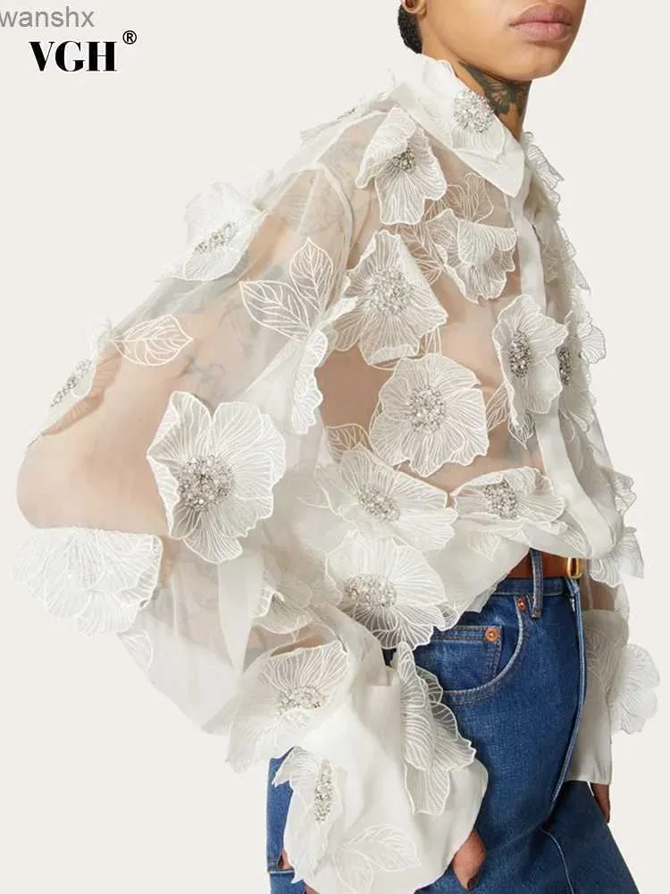 Koszulki damskie bluzki vgh stałe swobodne damskie lapy lapowe patchwork przezroczysty przezroczystą mesję luźną shirtl240328