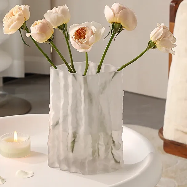 Films Vase à bouche large givré, décoration en verre blanc Simple