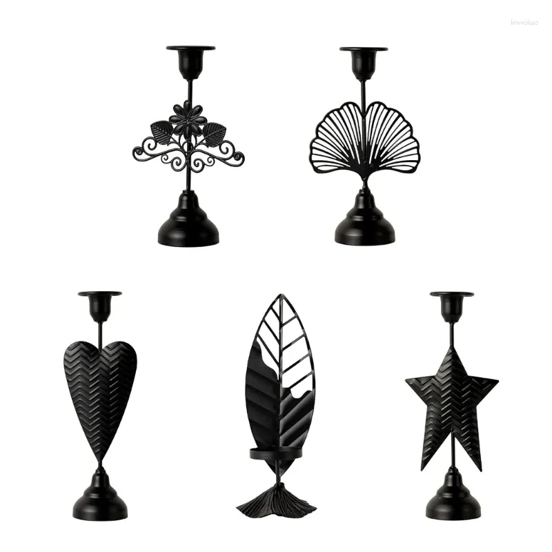 حاملي الشموع KX4B Iron Black Candlestick Holder Leaf Metal Stand for Home Room Decor