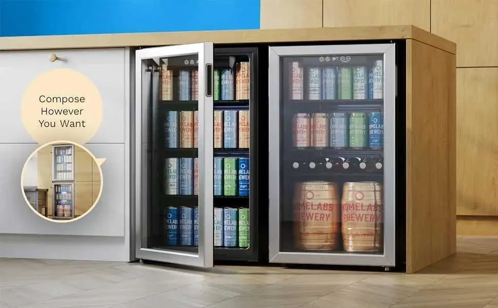 A Beverage Cooler with an Open Glass Door next to Another Beverage Cooler