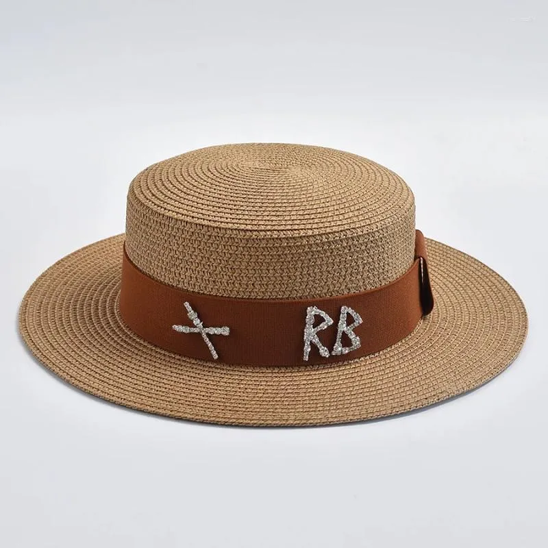 قبعات واسعة الحافة القش للنساء رسالة معدنية عصرية الأنيقة العطل الأنيقة القبعة القبعة الصيفية شقة شاطئ الشمس