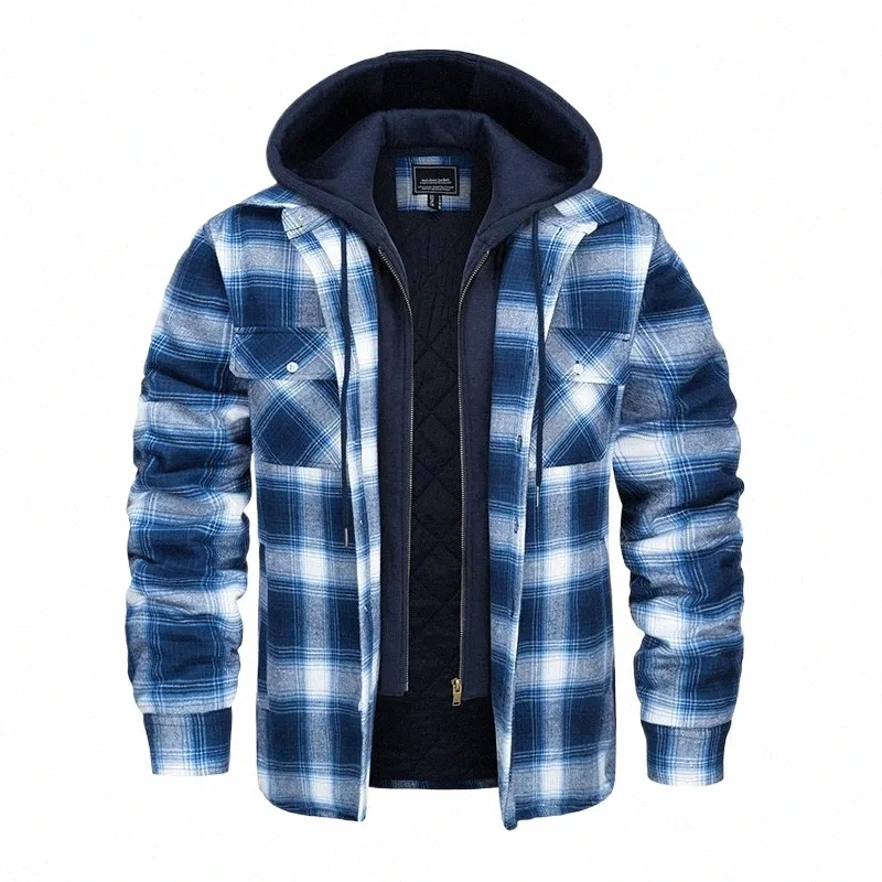 Jaqueta masculina de flanela magcomsen com capuz removível, xadrez acolchoada, forro casual, jaqueta corta-vento térmica de inverno R836 #
