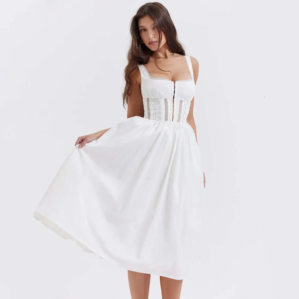 Robe blanche mi-longue Sexy à bretelles en dentelle pour filles, vêtements d'été pour femmes, nouvelle collection, 439023