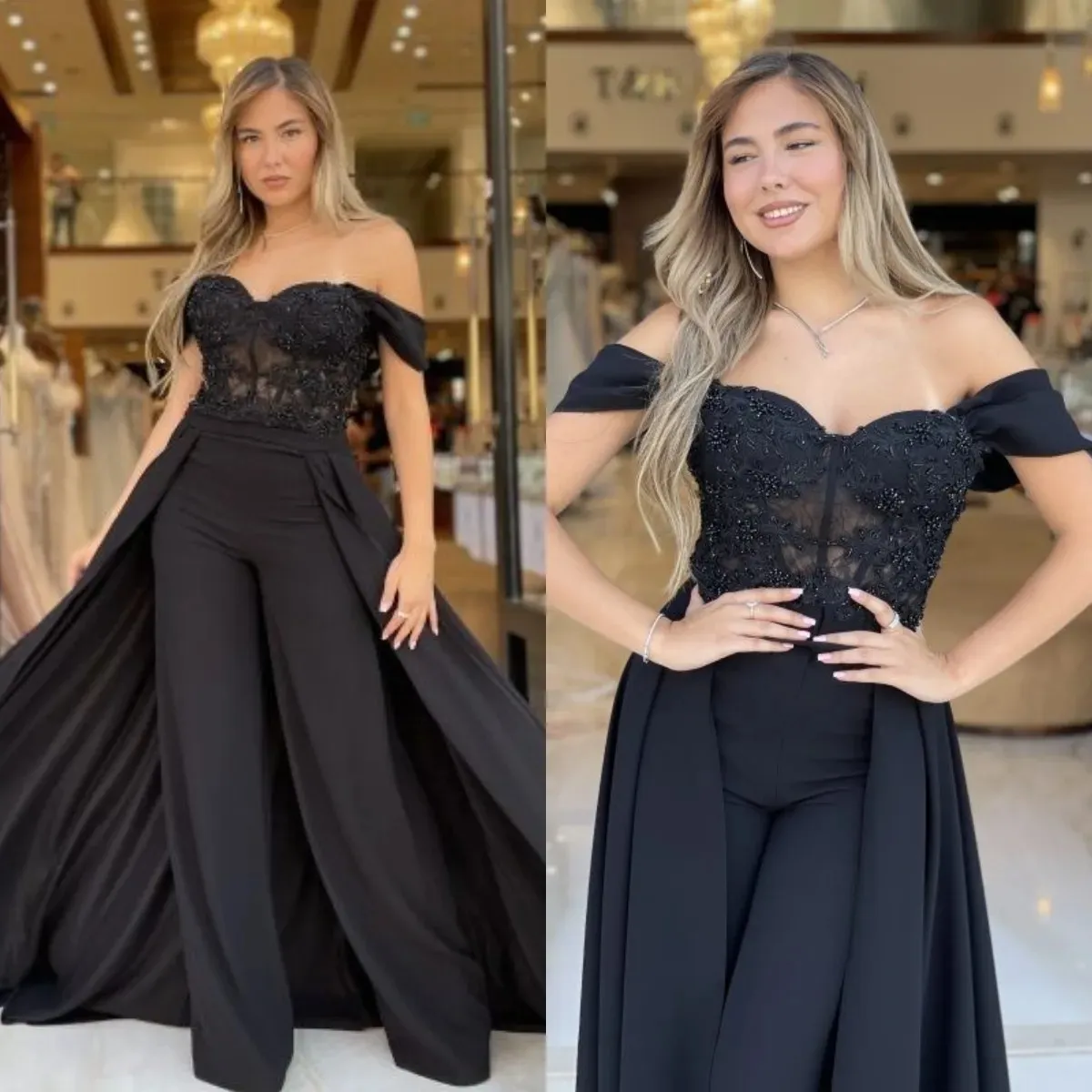 Macacões pretos elegantes, vestido de noite com saias fora do ombro, contas, festa de baile, terno até o chão, macacão longo formal para ocasiões especiais