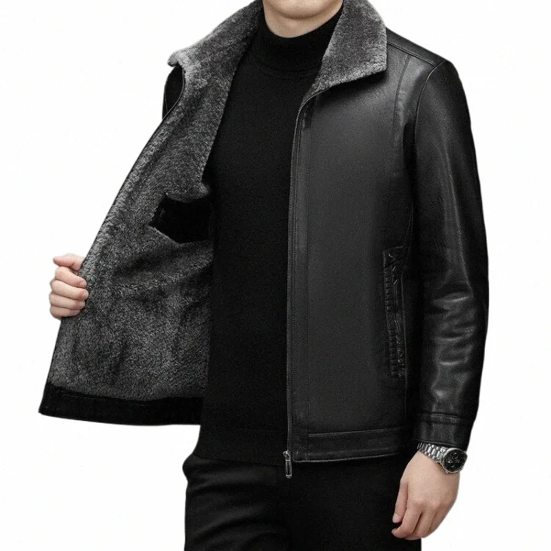 2 Colors!2023 Autumn and Winter Men's Leather Coat Thickened and Veet Flip Collar Warm Leather Coats Mens Jacket J9Ot#