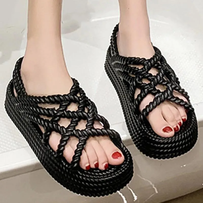 Sandálias de verão de fundo liso mulheres de espessura sapatos de bolo de bolo cruzado hollow out slides casuais