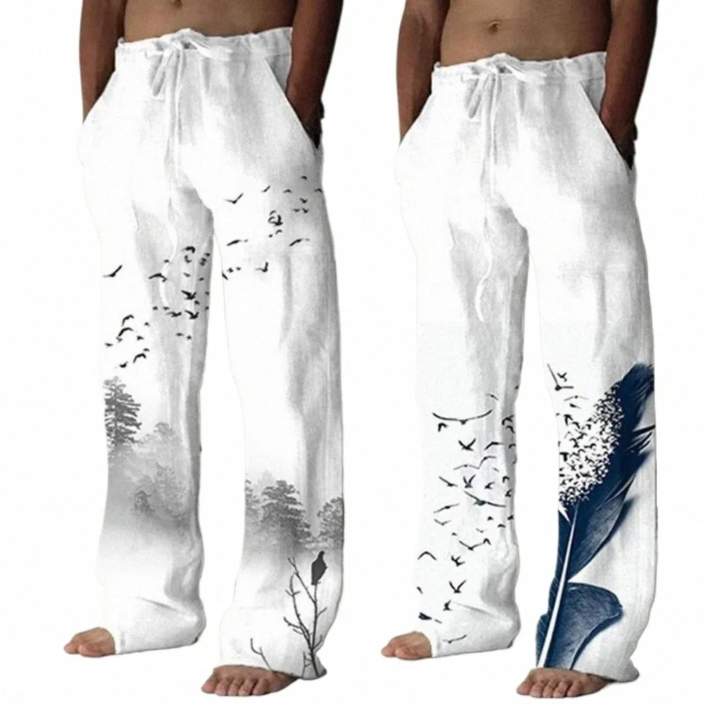 vintage Men Beach Pants Solid Color Flying Birds Print Summer Lace-up Elastic Waist Wide Leg Pants Casual Male Streetwear d6mK#