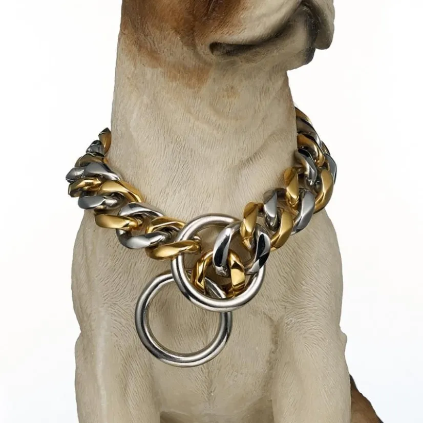 Collier pour grand chien en acier inoxydable, couleur or, chaîne de sécurité, bordure cubaine, fournitures entières, 12-32 ras du cou, 221g