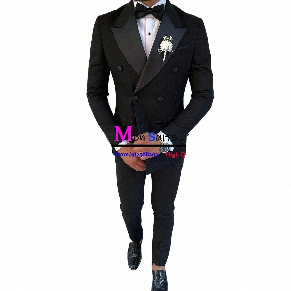 Zweireiher Busin Mann Anzug Slim Fit Bräutigam Hochzeit Smoking 2 Stück Formale Schwarze Anzüge für Männer Rauchen Homme Blazer Sets r0uc #