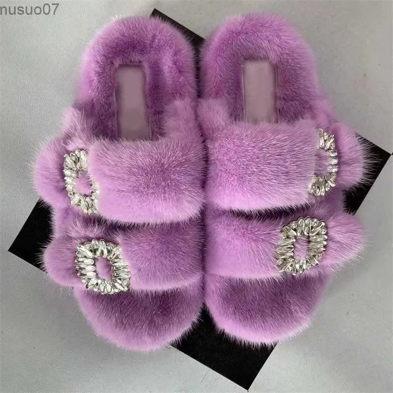 Sandaler Winter Luxury Fur Water Diamond Womens Slide Sexig Designer Wedge Heel Solid Fluffy Outdoor Shoes Wholesale Mink Leather Slidel2403