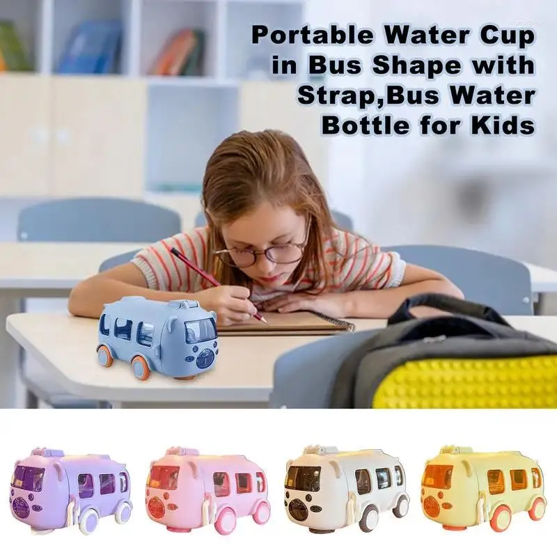 Bottiglie d'acqua Bottiglia a forma di scuolabus Bottiglia estiva carina per bambini Tazza di paglia a tenuta stagna con tracolla per viaggi