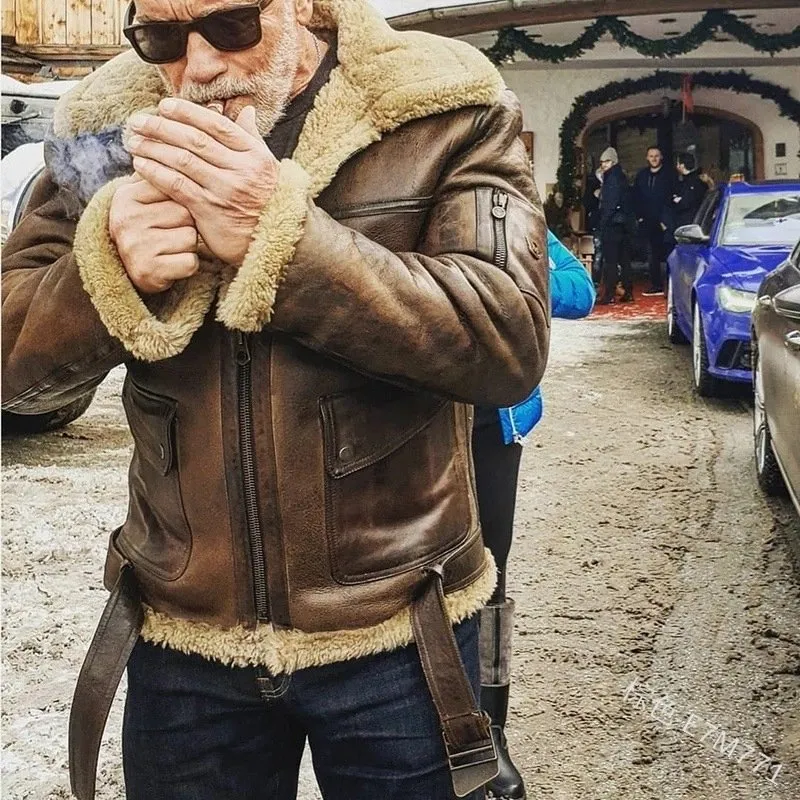 DHgate Luxurious Mens Wool Lined Leather Jacket Retro Fur Coat Warm Locomotive Outwear Apparel