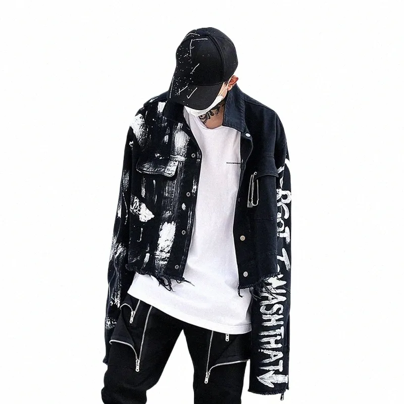 tasarımcı düzensiz el boyalı yırtık kot ceket ceket erkek hip hop sonbahar dış giyim fi siyah jean sokak kıyafeti ceket e7lg#