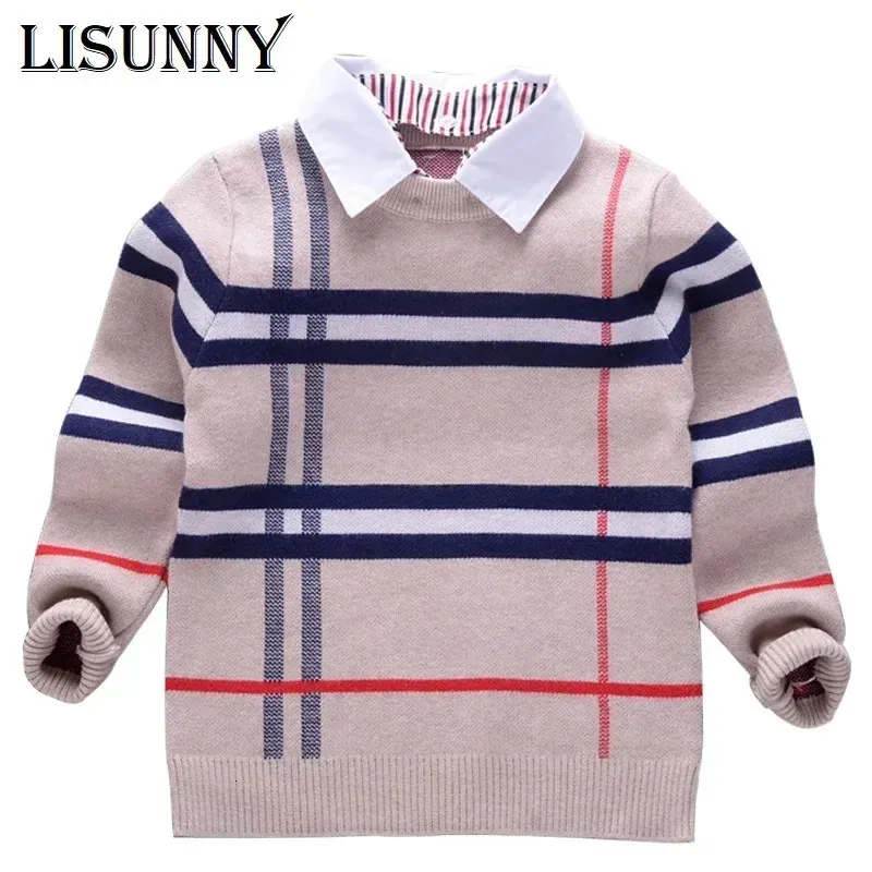 Shirt Collar Boy Sweaters Baby Stripe Classic Plaid Pullover Knit Kids Clothes Autumn Winter Children Sweater 2T-8T 240326