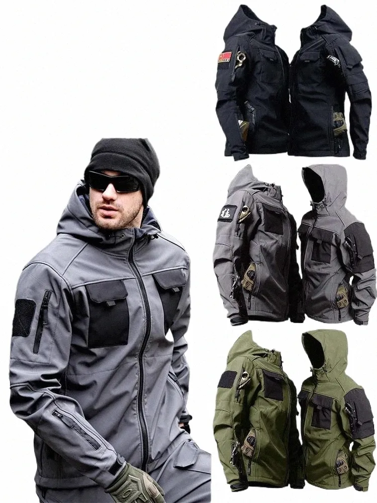 Piel de tiburón Chaquetas militares Hombres Táctico Shell suave A prueba de viento Chaqueta de carga con capucha impermeable Uniformes al aire libre Multi-bolsillos o7vD #