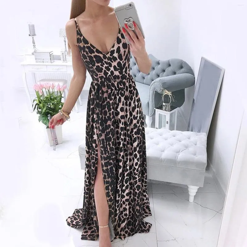 Casual Dresses Leopard Dress for Women Summer Spaghetti Straps Evening Party Beach Deep V Neck High Slit Boho Maxi Vestidos