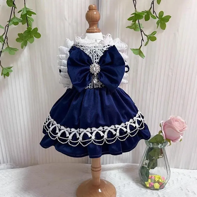 Vêtements de chien rétro bleu velours vêtements pour animaux de compagnie mode à la main mignonne princesse robes de princesse pour petits costumes de chiot chihuahua moyen