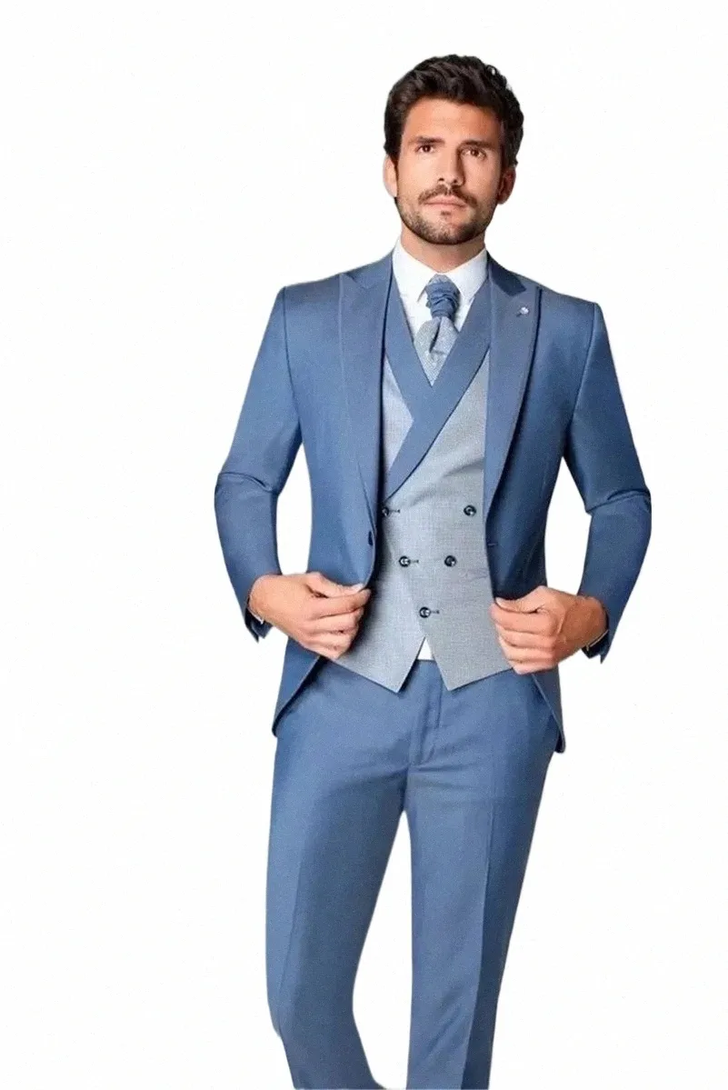 Nuevo traje de 3 piezas para hombre, azul claro, boda, novio de gama alta, ajuste delgado, tamaño estándar, conjunto de chaqueta, chaqueta de esmoquin Busin + pantalón + chaleco y4ET #