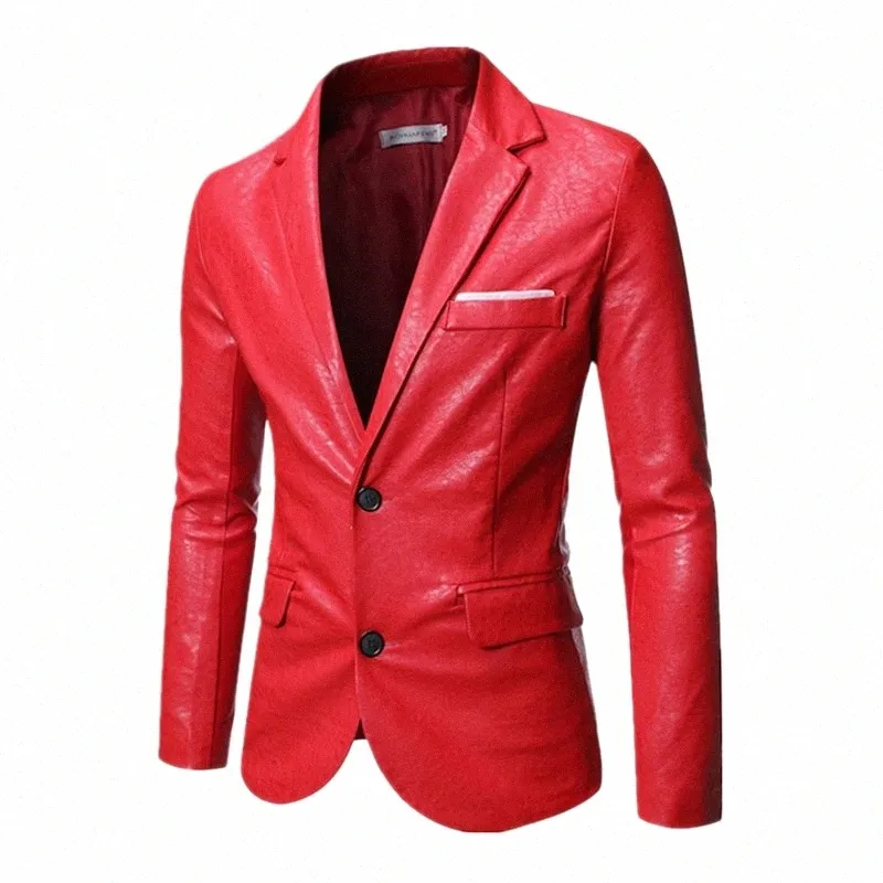bright Red Suit Jacket Men's PU Coats Fi Casual Leather Jackets Black Khaki Blue Blazers Plus Size M-5XL 6XL Outerwear u4KH#
