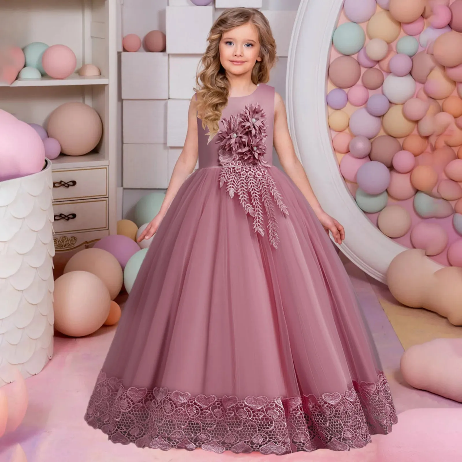 Été Tulle Fleur Filles Robe pour la Fête De Mariage Enfant Princesse Pageant Longue Robe Enfants Robes pour Les Filles Vêtements De Soirée Formelles 240323