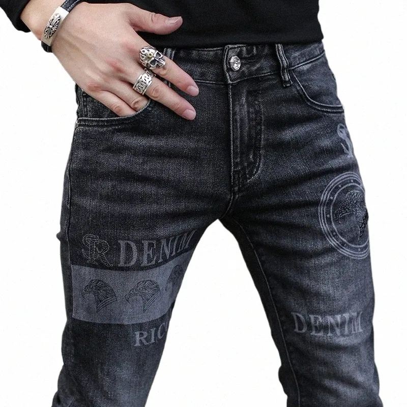 Jeans noirs pour hommes Fi Street Hip-Hop Mâle Style Punk Denim Homme Pantalon Automne Hommes Extensible Slim Fit Jeans pour hommes de haute qualité T71e #