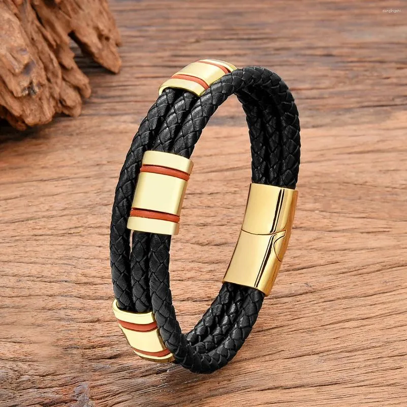 Charme pulseiras moda pulseira de aço inoxidável para homem três camadas trançada corda de couro largura design simples pulseira masculino feminino jóias