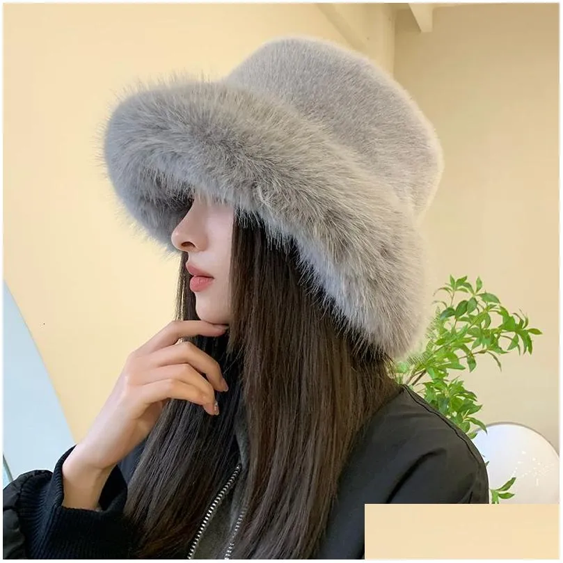 Wide Brim Hats Bucket Hats Big Fluffy Faux Fur Bucket Hat for Women Luxury Plush Fisherman Hat Warm Winter Hat Thicken Cold Snowy Day Panama Cap