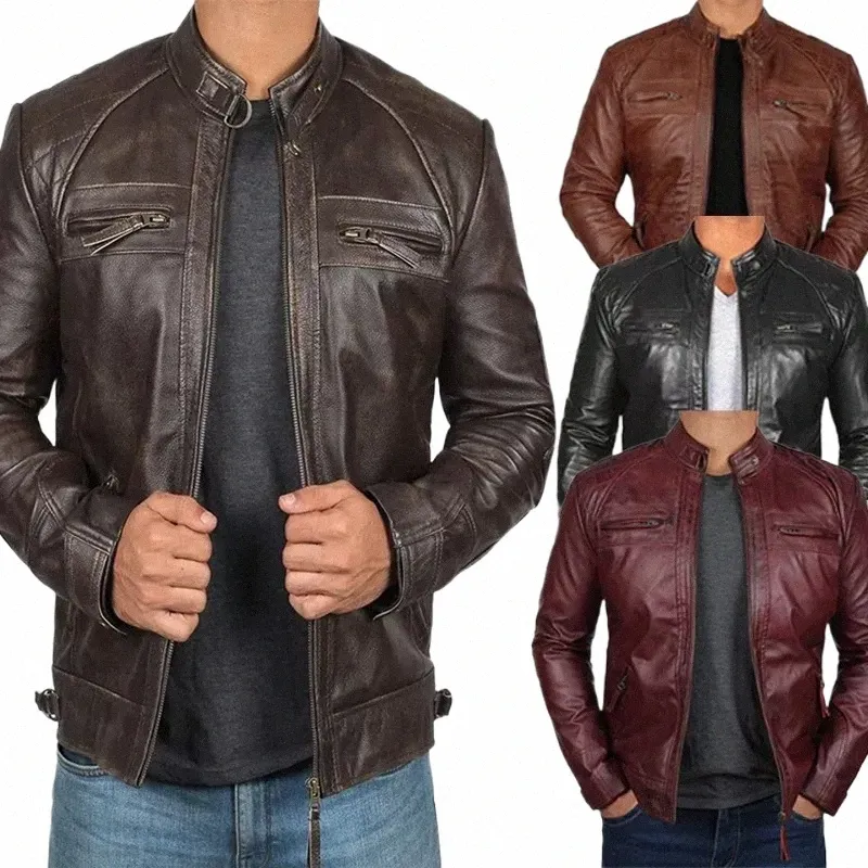 2023 Autumn/Winter New Men's Fi Leather Coat Standing Collar Punk Motorcycle Leather Coat Jacket H5ZZ#