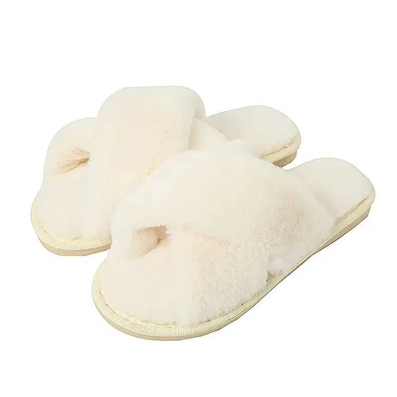 Slippers Slippers Nieuw ontworpen dames wintercabine bont slider kruis pluizig Ome vlakke vloer Soes flip cover H240326DOI4