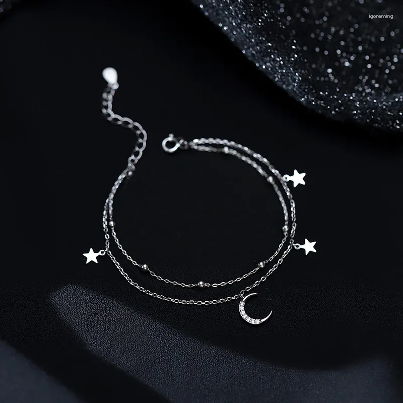 Braccialetti di collegamento 925 placcato argento catena a doppio strato nappa stella zircone luna braccialetto di fascino braccialetto per le donne ragazze gioielli eleganti Sl524