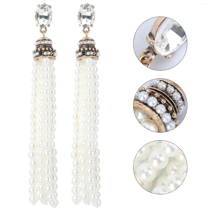 Dangle Earrings Women Pearl Tassel Long Classic Fashion Ear Studs Jewelry (Beige)