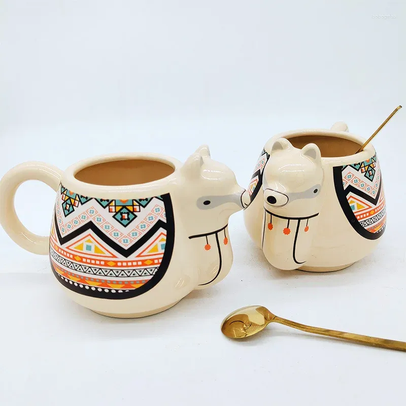 Tassen Keramik 3D Alpaka Cartoon Tasse Hitzebeständiges Glas mit Löffel Morgenmilch Kaffee Tee Frühstückstasse für Geschenke