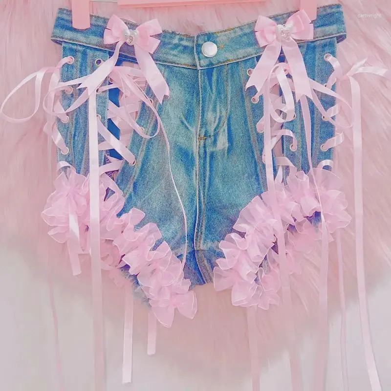 女子ショートパンツゴシック服y2kファッションeガールピンクエステティックジーンズハラジュクロリータ弓