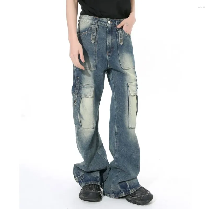 Men's Jeans Zipper Cotton Korean Loose High Street Casual Straight 2024 Spring Fashion Retro Multiple Pockets Devise