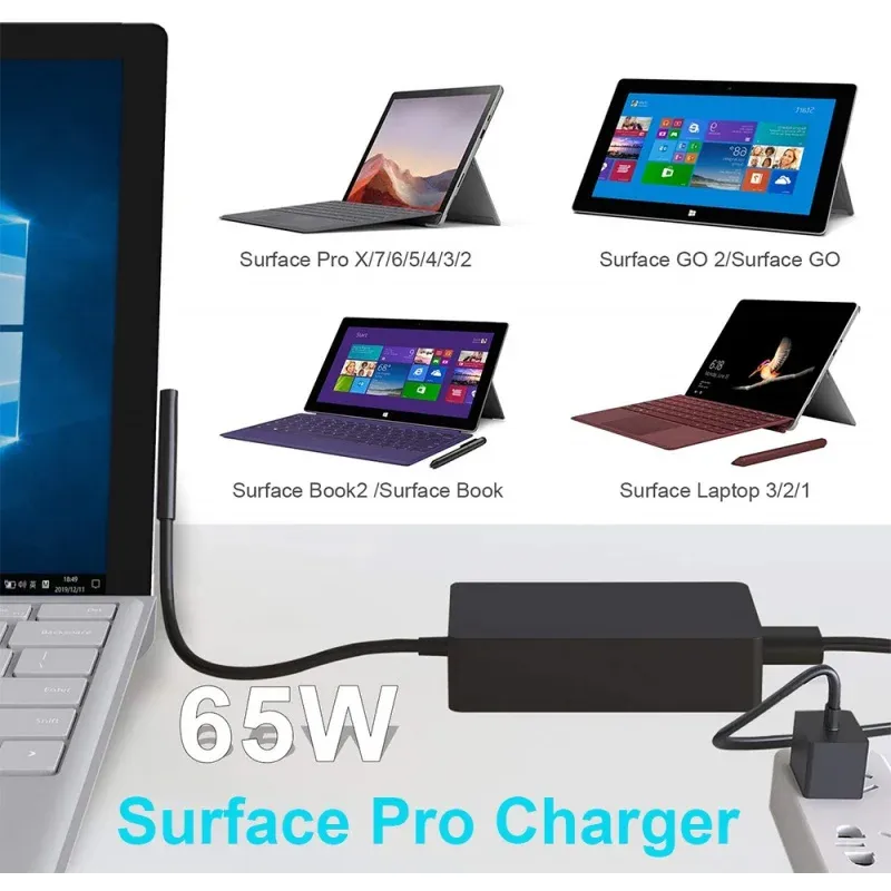 Microsoft Surface Pro 9 Pro 8 Pro X Pro 7 Pro 6 Pro 5 Pro 4 Pro 4 Pro 3 Surface Laptop 1 2 3 Surface Go 2の充電器面積充電器65W