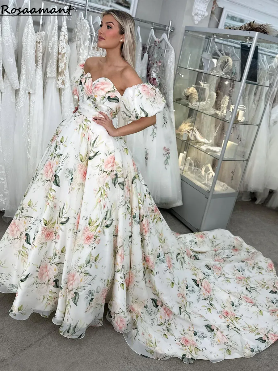 Abito da sposa floreale primaverile maniche a sbuffo scollo a V piega corsetto abito da sposa una linea vestido de noiva abiti da sposa da donna