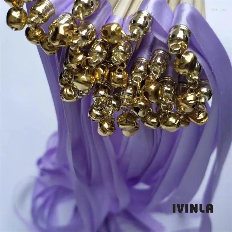 Party Decoration 50pcs/lot Purple Wedding Ribbon Wands With Gold Bell For