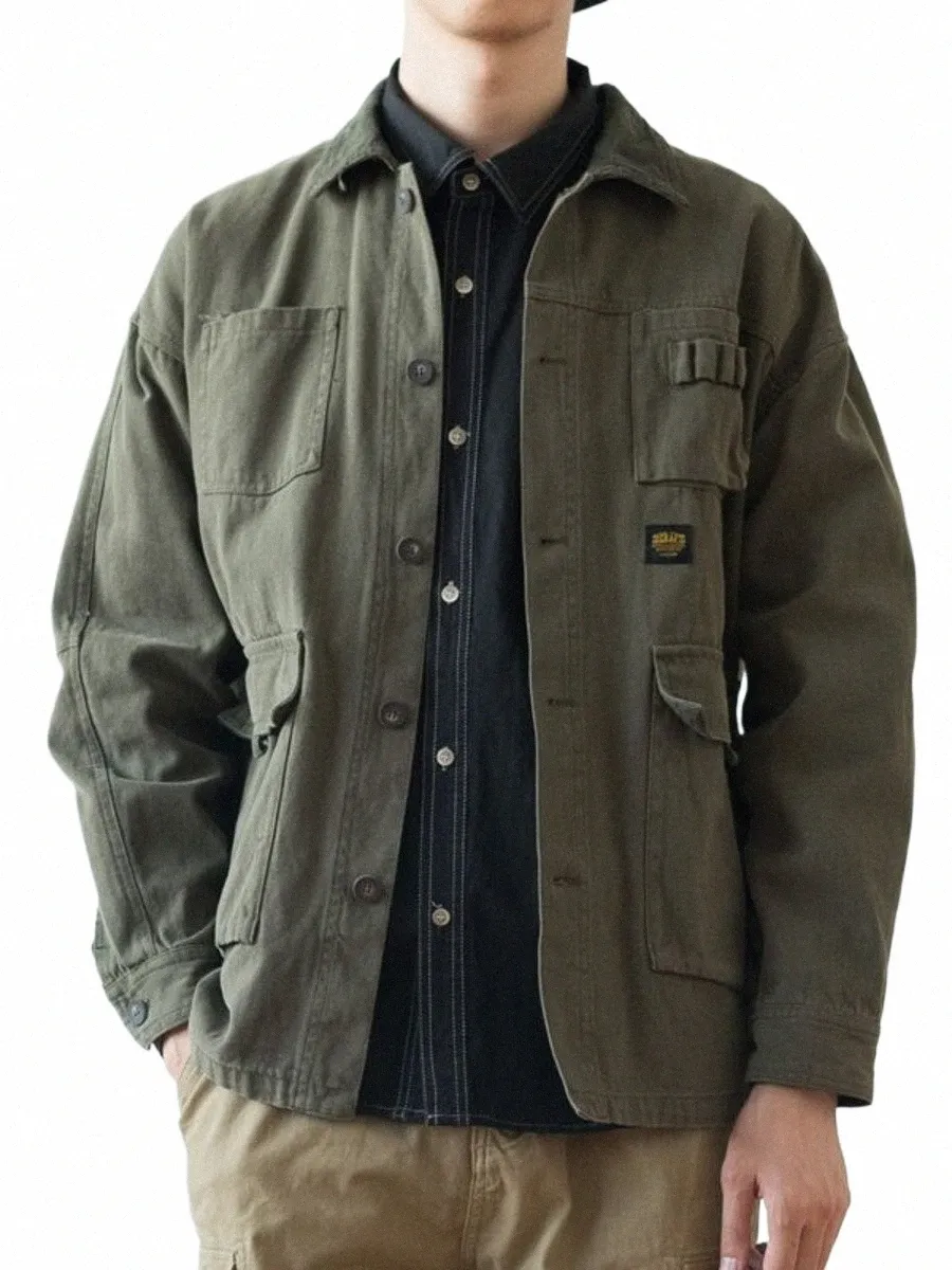 Винтажная армейская зеленая джинсовая куртка-карго для мужчин и женщин, весенне-осенняя одежда, пальто Harajuku, корейское Fi, военная повседневная рабочая одежда, J3oC #