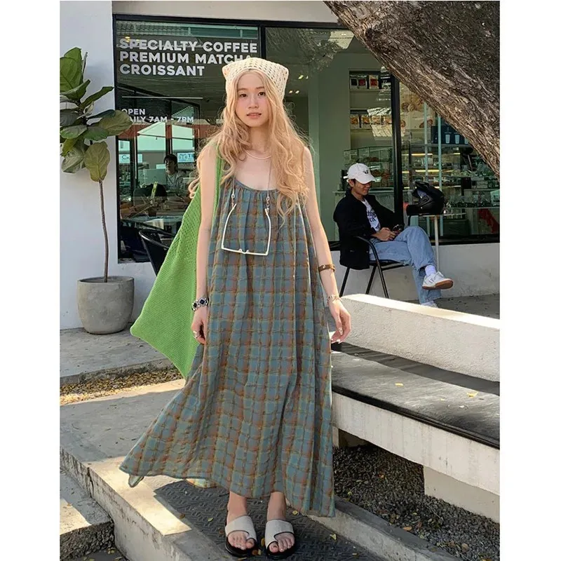 Ankunft Sommer Strand Stil Frauen Lose Beiläufige Plaid Print Oneck Ärmelloses Mori Mädchen Leibchen Knöchellangen Kleid V906 240327