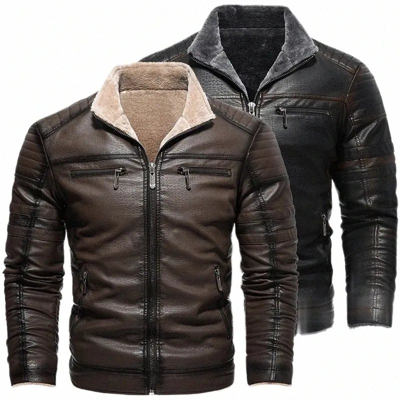 2024 Veste en similicuir pour hommes de haute qualité décontracté fermeture éclair polaire manteaux chauds poches vintage veste en cuir de moto pour hommes D12S #