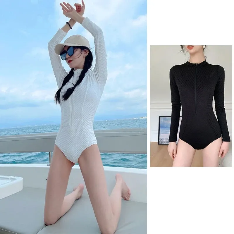 Maillot de bain une pièce à manches longues pour femmes, UPF50 +, pour Sports aquatiques, plage, surf, fermeture éclair sur le devant, athlétique, séchage rapide