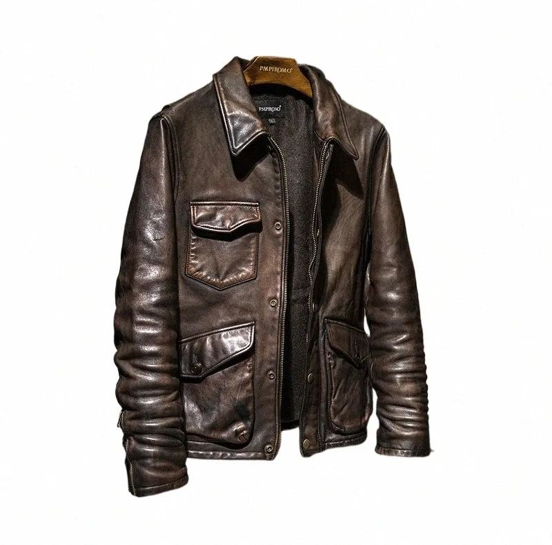 2022 novo casaco de couro marrom vintage. Jaqueta masculina de couro genuíno de luxo.