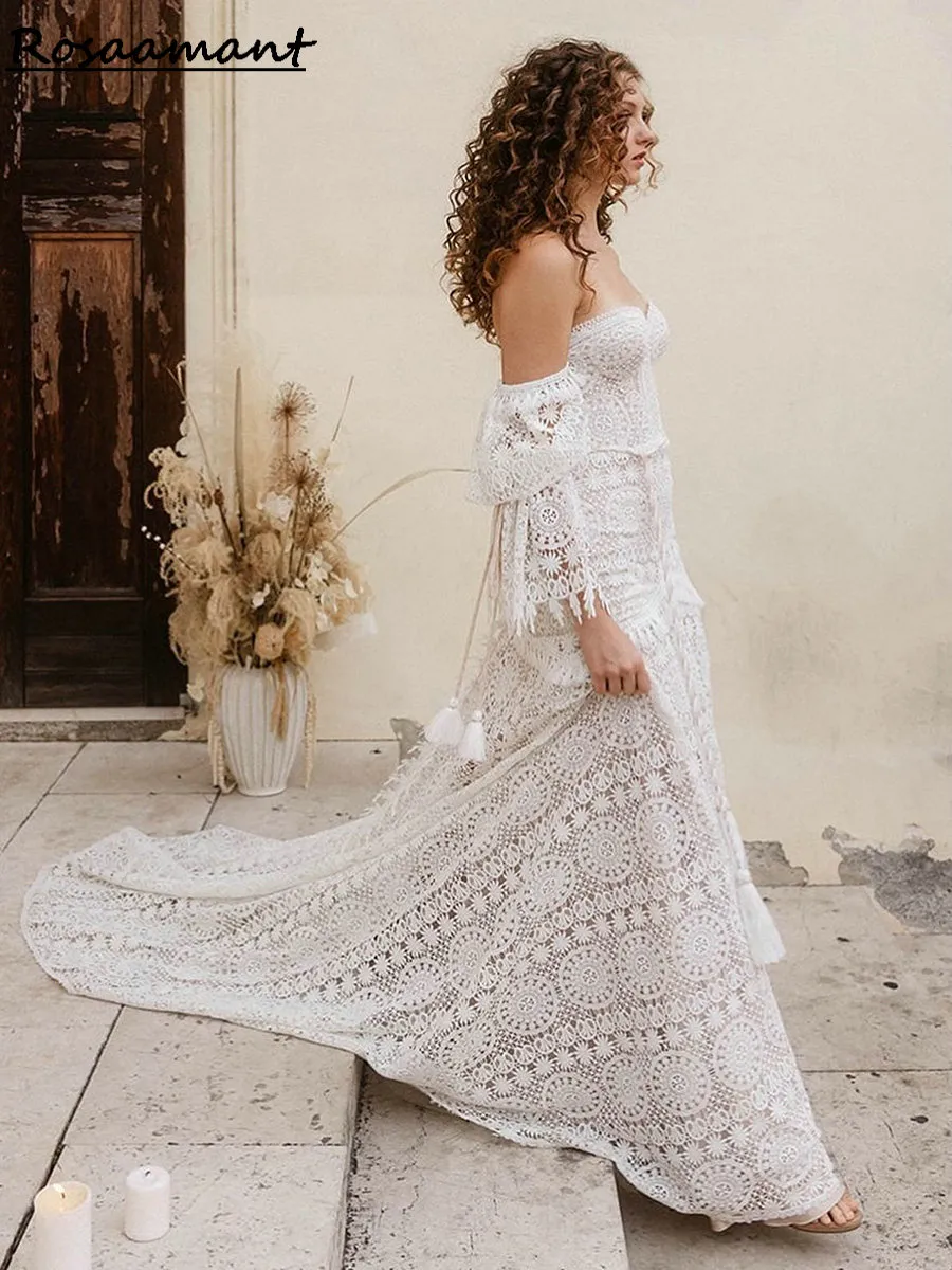 Apliques De encaje bohemio, vestidos De novia De sirena con Mangas desmontable, cinturón De novia, vestidos De novia con borlas, bata De novia