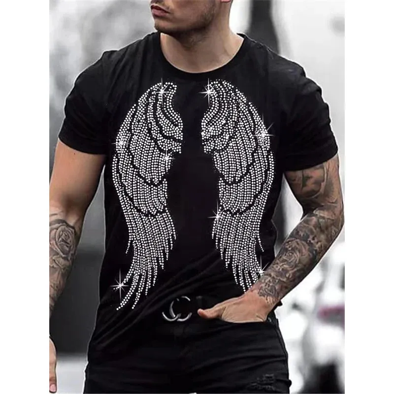 Herrkvalitet överdimensionerade mode y2k sommar tee toppar designer angel wing rhinestone club kort ärmgata o-hals t-shirt 240313