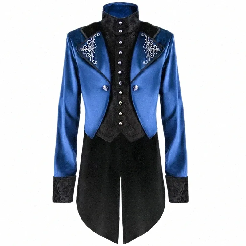 royal Blue Steampunk Gothic Tailcoat Jacket Men Victorian Medieval Renaissance Halen Uniform Stage Cosplay Pirate Outfit W78g#