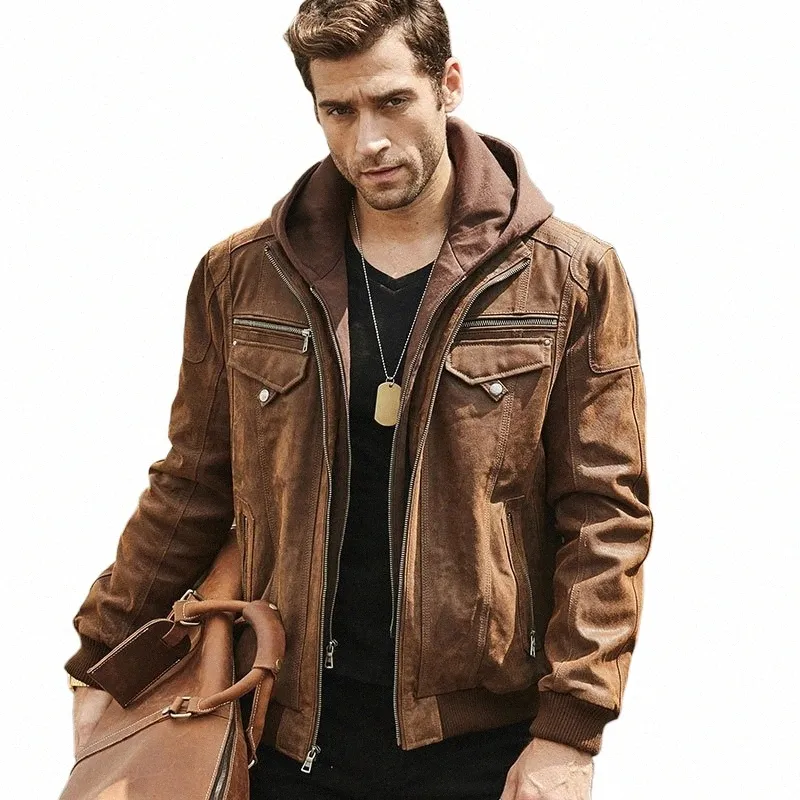 Saveur nouvelle veste en cuir véritable pour hommes avec capuche amovible veste marron en cuir véritable manteau chaud pour hommes J7o1 #