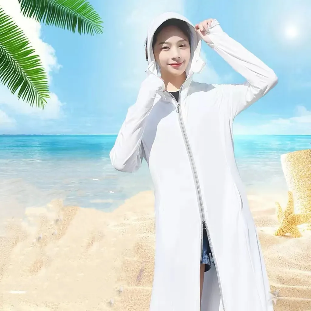 Women's sunscreen coat 2024 new UV long thin sunscreen ice silk hooded sun-protective clothing