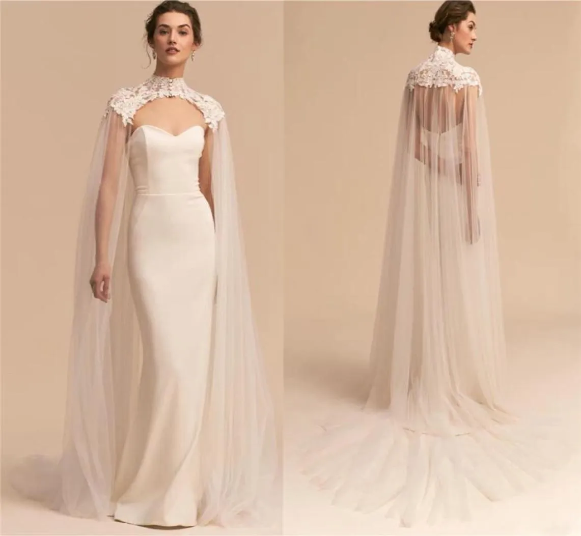 Senhoras casamento envolve tule longo pescoço alto casamento capa de renda jaqueta bolero envoltório branco marfim feminino acessórios de noiva2162391